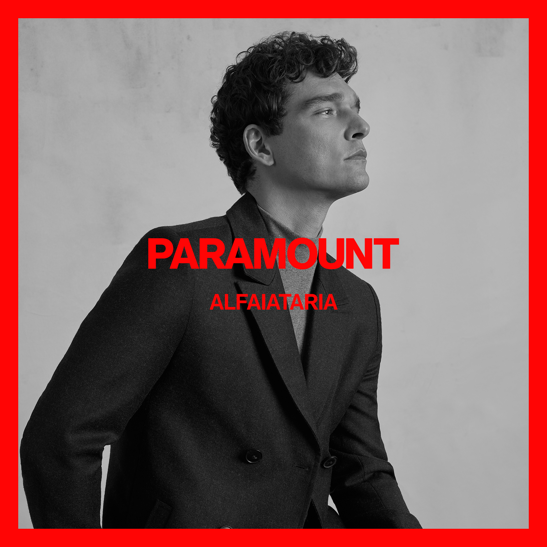 Paramount Alfaiataria campaign portrait with red frame and wordmark